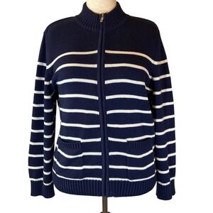 Appleseeds Sweater Navy White Stripe Full Zip Size Large Preppy classic